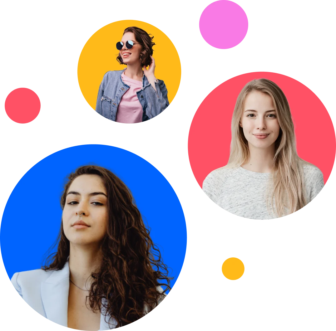 Portraits of three women each framed in colorful circular backgrounds: one with brown curly hair and a white blazer against blue, a blonde woman in a gray top against red, and a woman in sunglasses wearing a denim jacket and pink top against yellow.